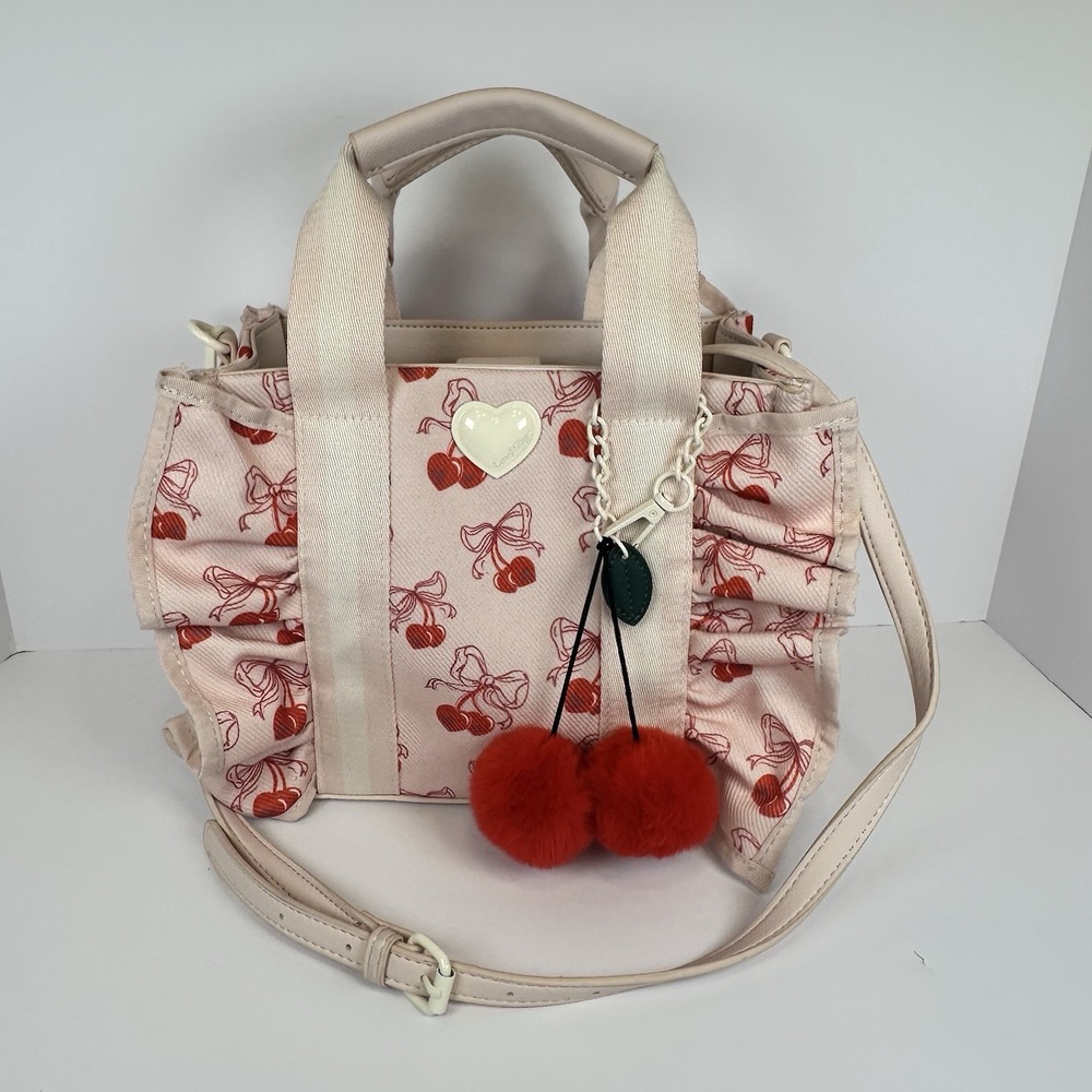 Betsey Johnson Cherry Ruffle Tote Bag Women Pink Red Canvas Crossbody Handbag - Picture 4 of 12
